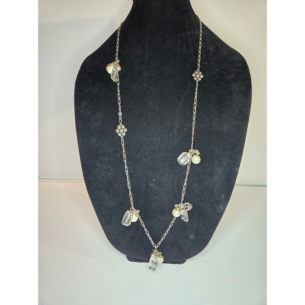 SM Silver Tone Necklace Clear Rhinestones and Faux Pearls Adjustable Length